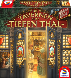 Spielbox von 'Die Tavernen im Tiefen Thal' mit detaillierter Illustration und geöffneten Türen.