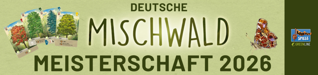 Logo der Deutschen Mischwald Meisterschaft 2026 mit Baumillustrationen und einem Spielstein.