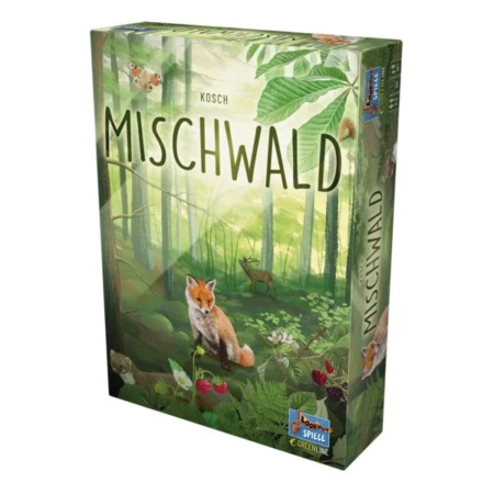 Brettspielverpackung mit dem Titel 'Mischwald' und Illustrationen von Tieren und Pflanzen.