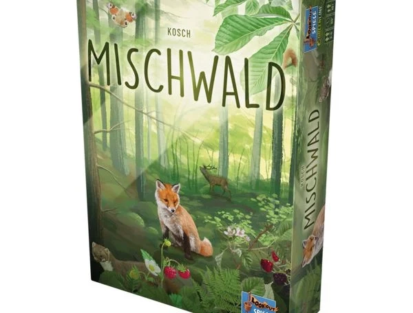 Brettspielverpackung mit dem Titel 'Mischwald' und Illustrationen von Tieren und Pflanzen.