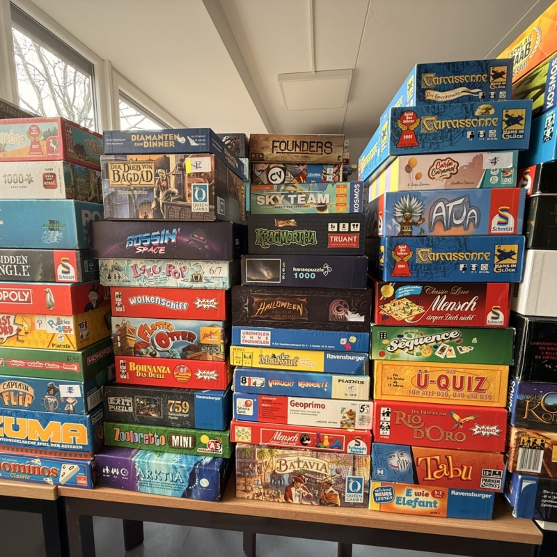 Eine Vielzahl von Brettspielen, darunter Monopoly, Trivial Pursuit und andere, auf einem Tisch angeordnet.