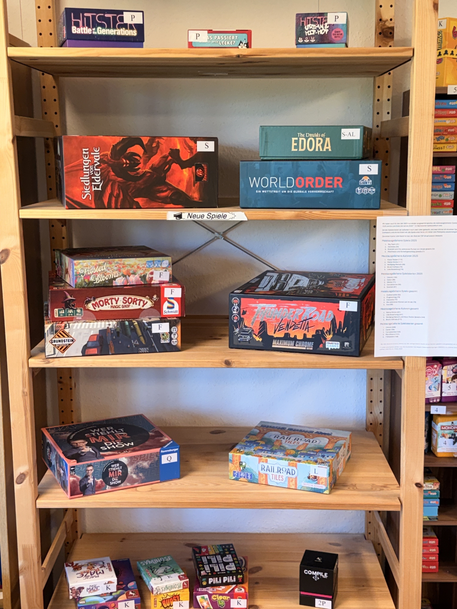 Mehrere Brettspiele zu den neuen Spielen Februar bis April 2026 stehen im Regal, darunter Thunder Road: Vendetta Maximum Chrome, World Order und Railroad Tiles.